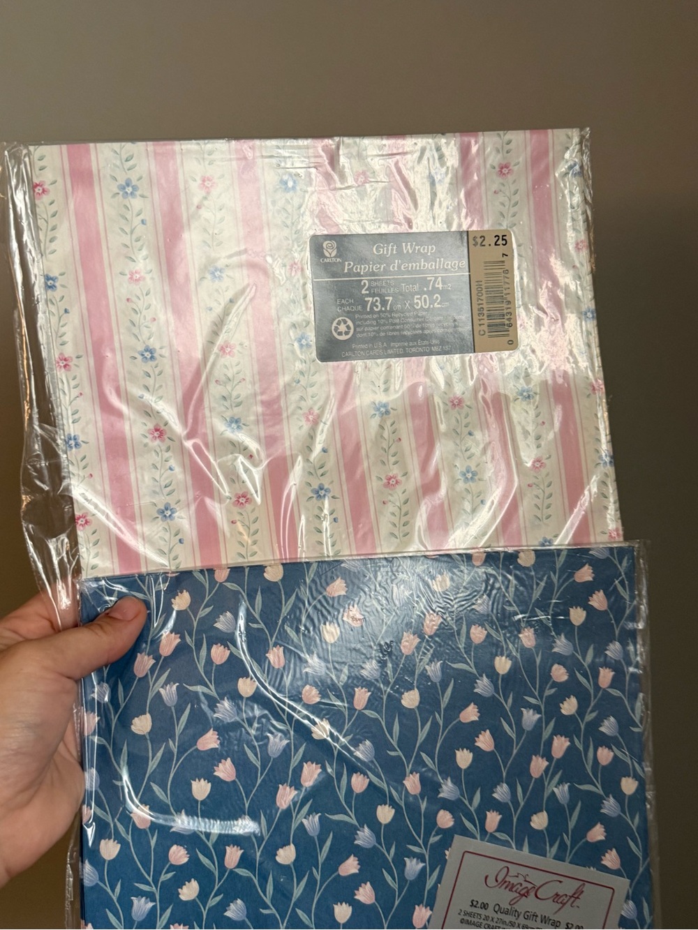 Set of 2 Vintage Gift Wrapping Paper Tulip Striped Pink Flowers New Deadstock